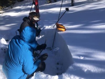 : Forecasters Steve Mace and Josh Feinberg inspecting the snow pack on the approach to Mt. Dana at 10,700' on sheltered NW aspect.