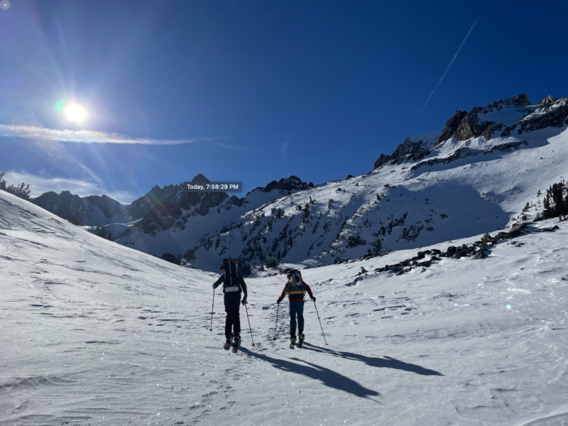 Skis left little marks on the snow past 8300', except in small pockets of wind drifted snow. Marks here are assumed to be from past mountaineering courses