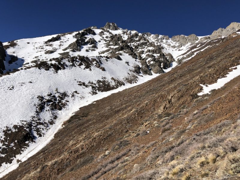 Dwindling snow on the sunny aspects of McGee 