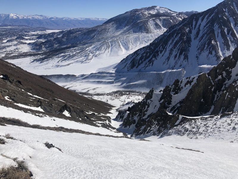 SE snowfield at top of easterly gully, McGee Mtn, due south devoid of snow