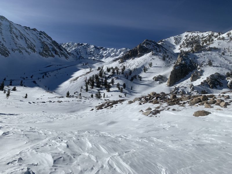 Lots of windboard in the main gully and low angle cirque area. 