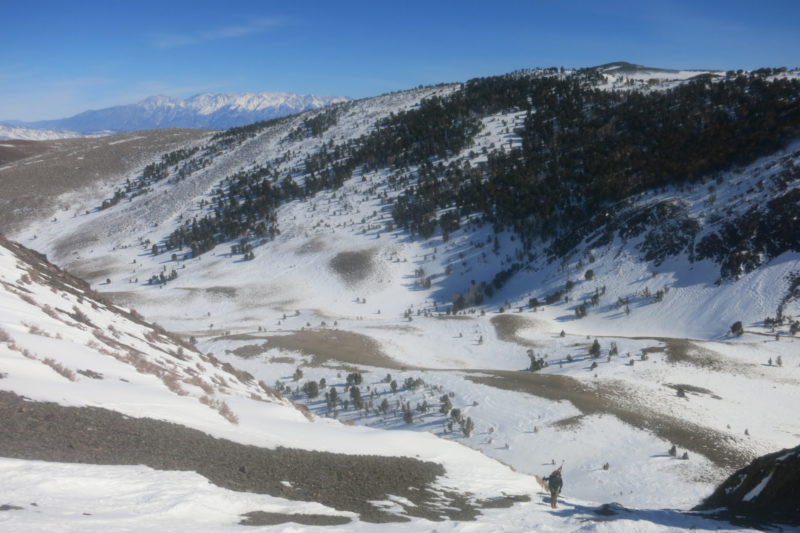 Southerly aspect. Climbing the notch to the Morrison Col.