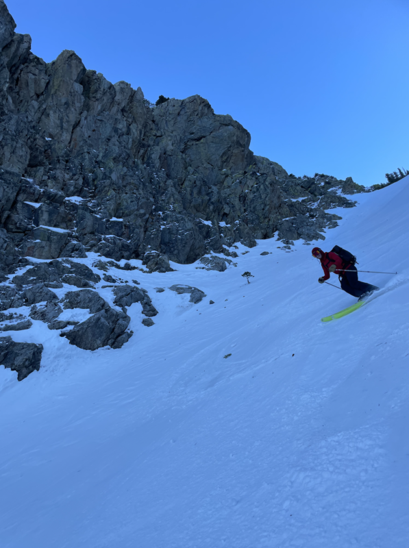Skiing was mostly soft, new snow. However, depending on the side of the feature you skied, you could encounter wind scouring. 2/3 of the way down the chute, coverage was shallow for approximately 100 vertical feet, with few exposed rocks. 