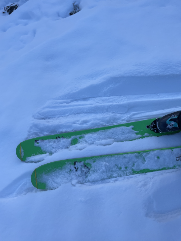 Common theme for surfaces wa variying depths of soft snow over a slicker, firm old snow surface. Challenging skinning led us to boot pack with crampons quite early in our ascent