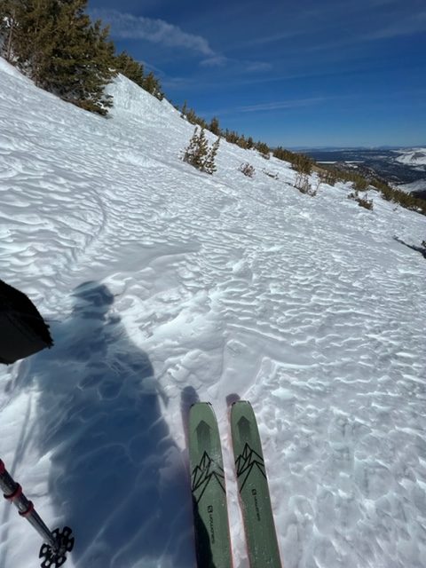 Firm and textured snow near the top of the hourglass