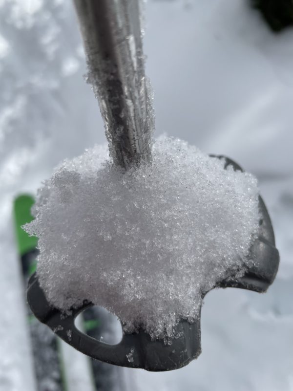 Soft, faceted snow in a sheltered areas below the looker's right tele bowl