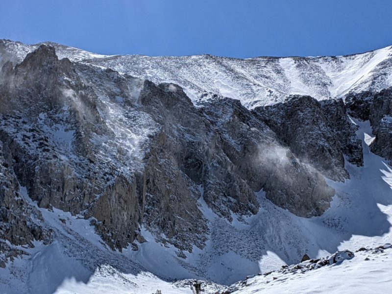 Swirling winds with some blowing snow within the bowl on the way upto coke chute