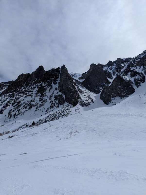 looking up at the wineglass couloir from the valley