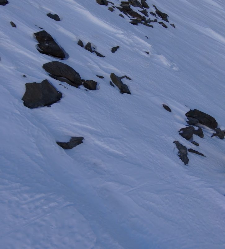 Blue Couloir, emerging rocks and 