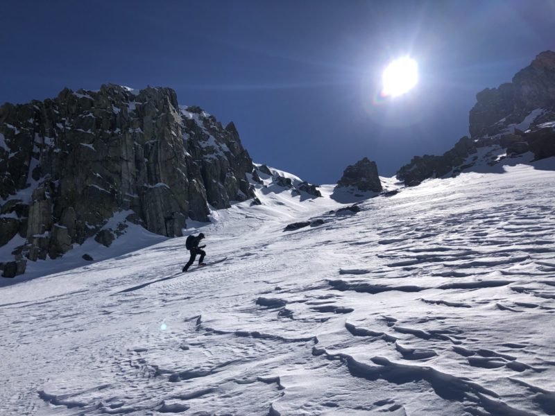 Variable snow surfaces underneath the Mammoth crest, 