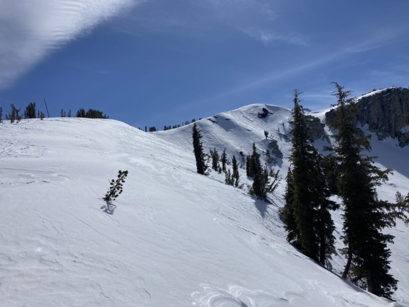 Near ridge top features are stripped of any loose snow approaching Red Cone.