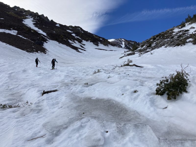 Old avalanche debris and dirty snow in Esha Canyon.