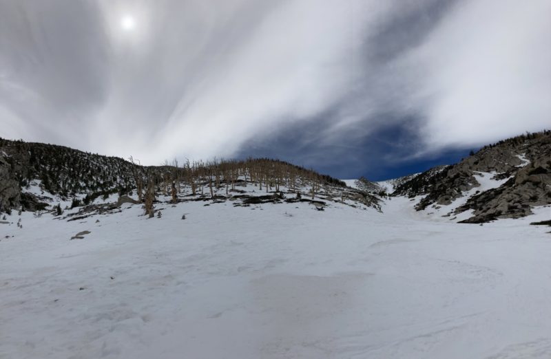 Cloud cover slowly became more thin and eventually became mostly clear. Thicker cloud cover kept some of the intense warming of the snow surface at bay.