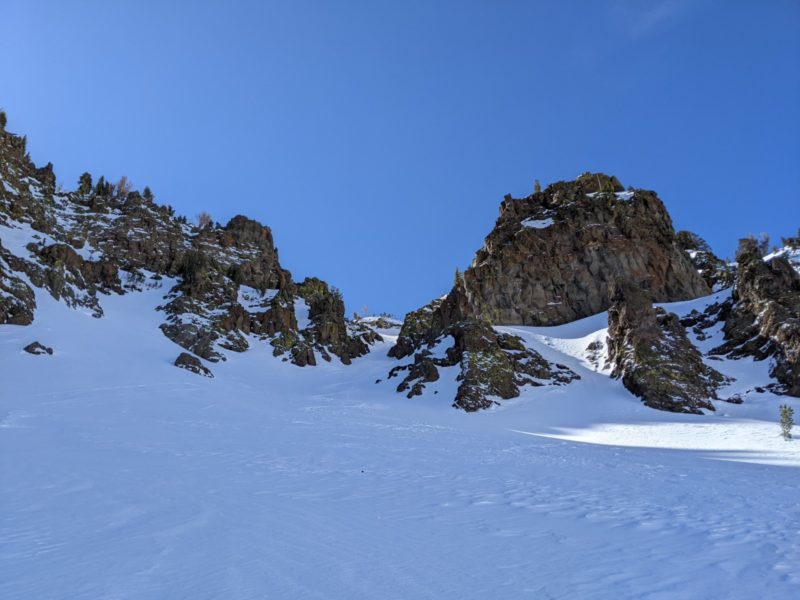 Looking up at the NE facing chute in the office cirque