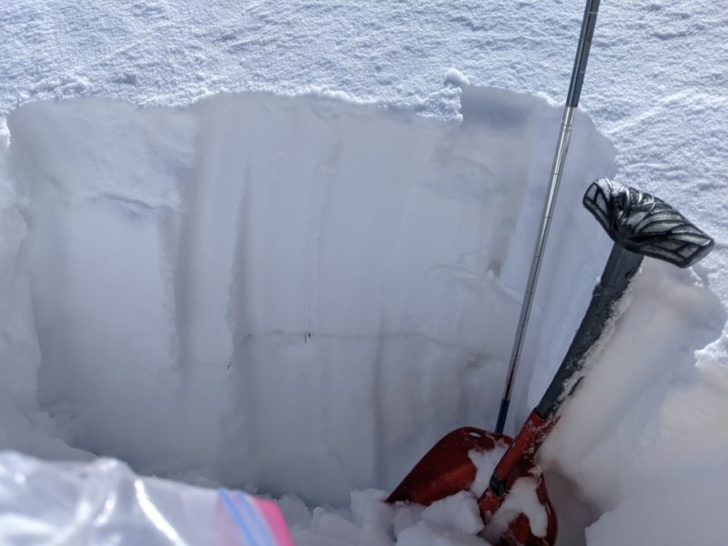 Pit at 9600 ft on NW chute in office cirque.  2cm wind slab over 23 cm F harness snow, over 15cm 1F snow and 10cm of 4f facets bellow that