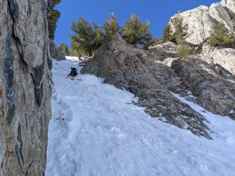 A few more rocks in the throat then the last time I skied the chute a month ago.