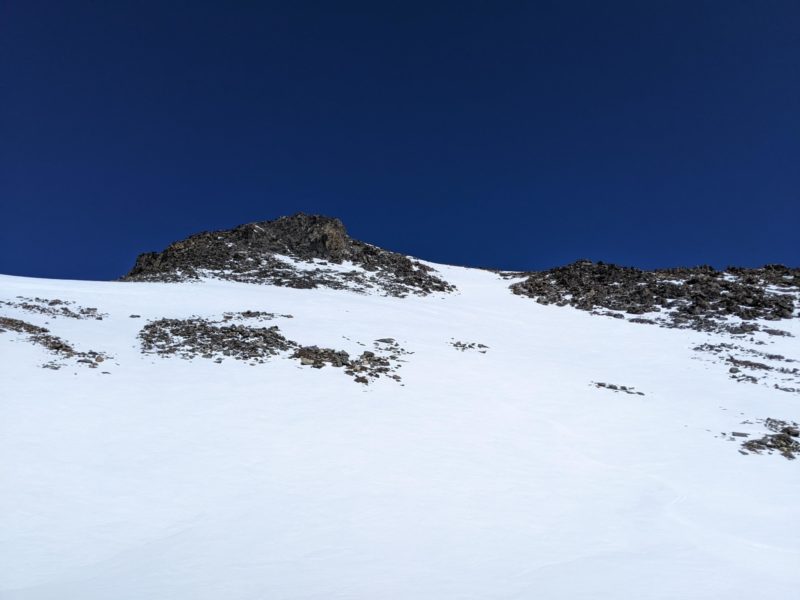 Looking up towards the summit of Ritter, 2-4cm of moist snow at 11:30am