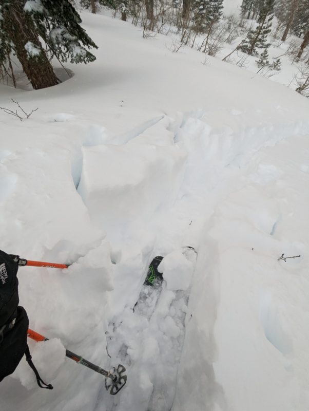 2ft deep skin track, with some large blocks of snow breaking off