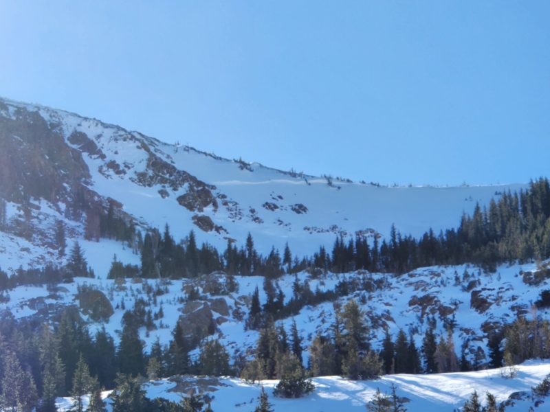 The lookers left half of the natural avalanche in Mammoth Rock Bowl. The crown continues all the way across.