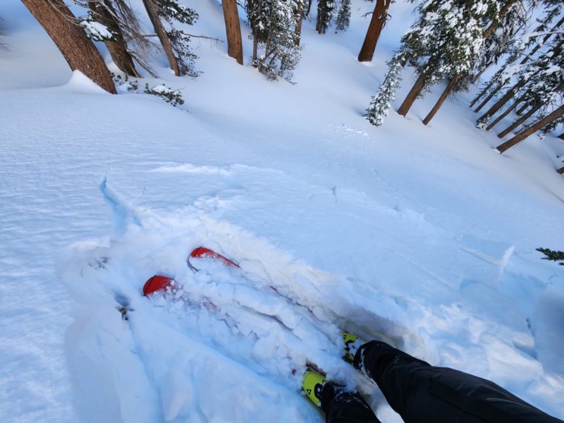 Small, soft wind slabs breaking on test slopes BTL. NE aspect, Mammoth Lakes Basin