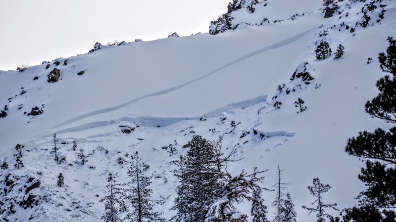 Close up view of crown of a wind slab avalanche that stepped down into old snow layers. NE 8300' Highway 395 - June Lake