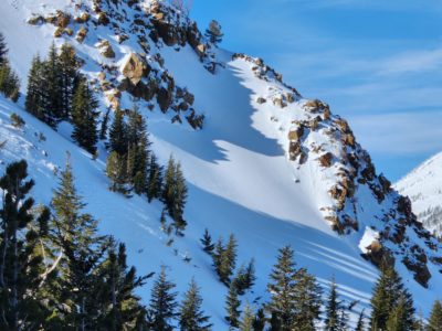 Crown of a recent wind slab avalanche near Mammoth Rock Bowl