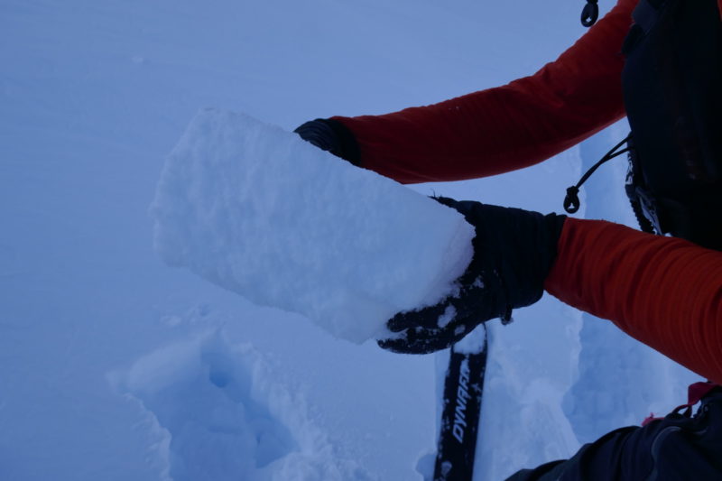 The thickest wind slab I found all day (fairly isolated spot). In a hand shear it slid on soft snow sitting on a thinner wind slab above the soft snow from the storm. 20' from this spot I couldn't get the switchback to crack when stomped on from above.