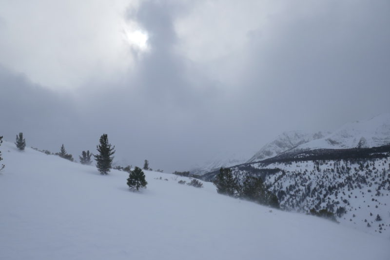 Strong south winds transporting snow both on the slope around 9700' and on the mountains above. This was around 1300. 