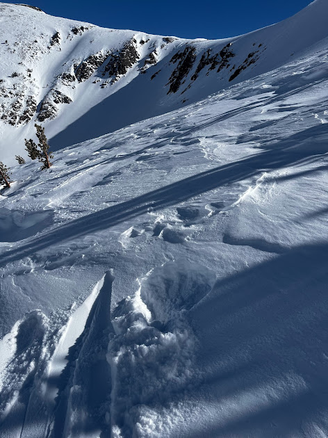 Slab interrupted. Soft snow drifted in the hollows between sastrugi (foreground) and thin continuous layers of wind pressed snow on smooth windboard in open bowls (background).