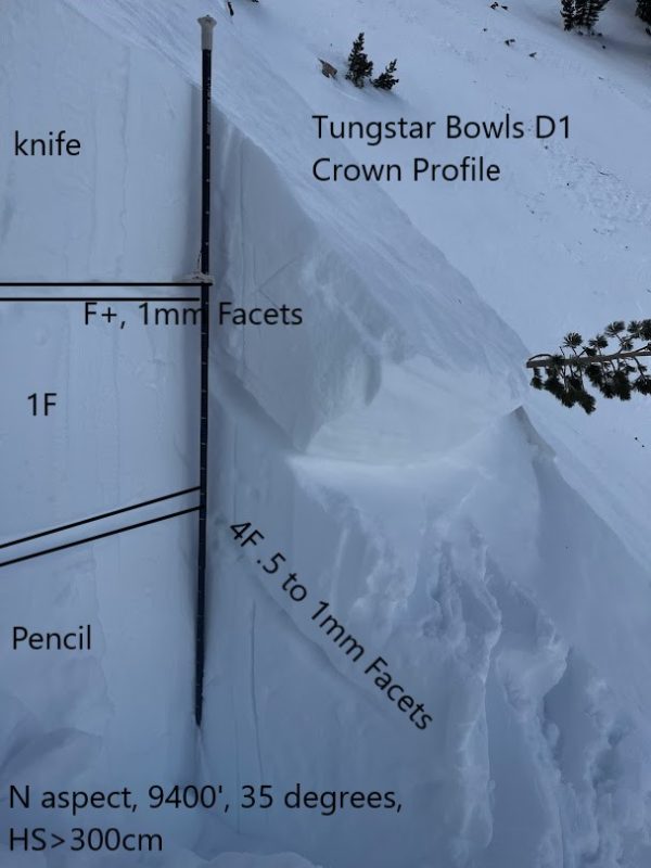 N, 9400' Crown profile of a small wind slab avlanche that stepped down another 20cm into older snow.