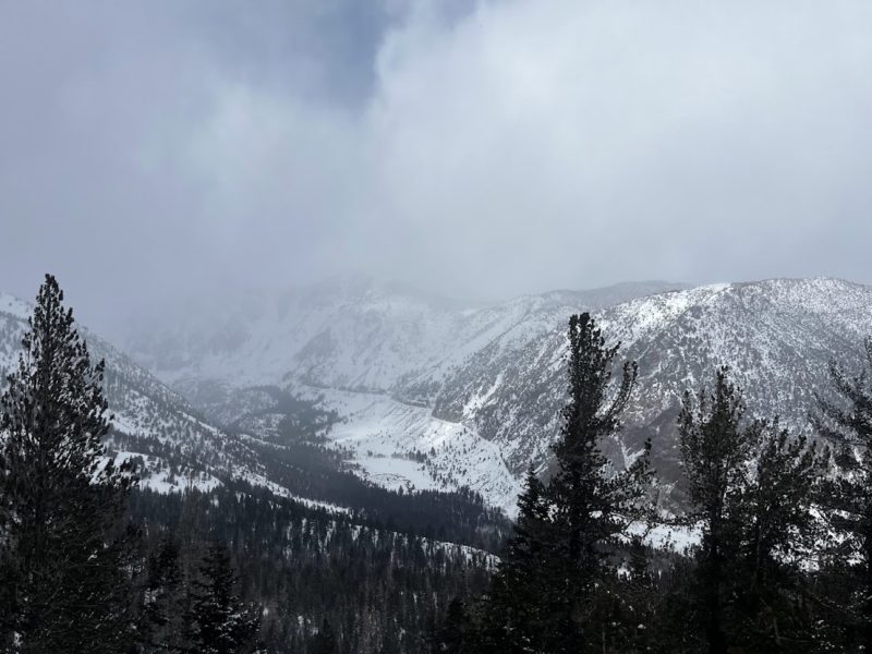 Scattered snow showers in Lee Vining Canyon.