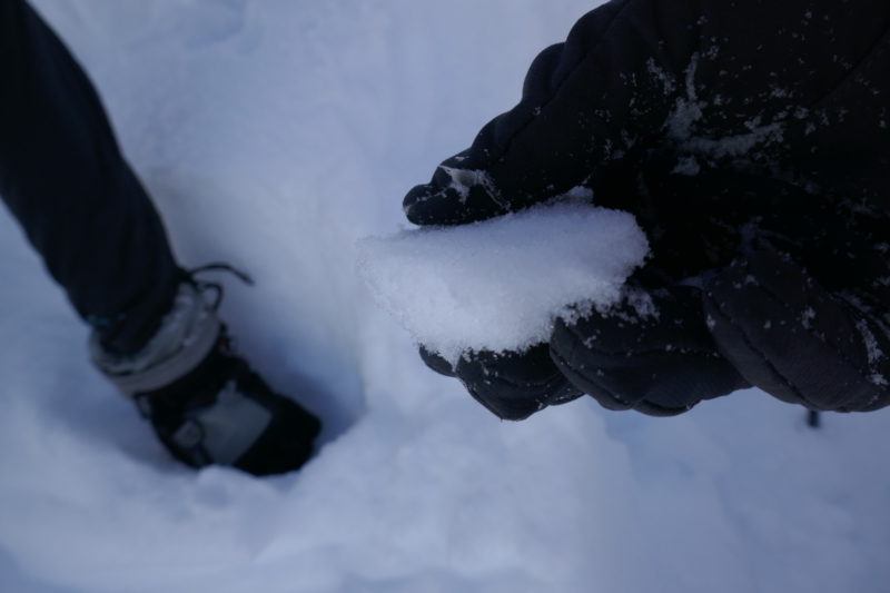 The thin crust below the sugary snow that was the bed surface