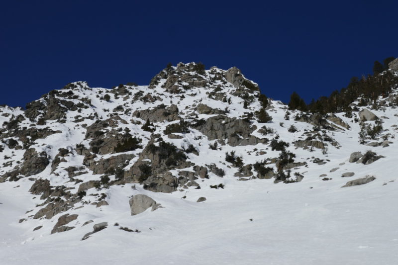 We got to this cliffy section at 8200'. The main chute is climber's left (just out of frame), but I thought it might cliff out so we climbed through the face to access the chute we wanted to ski. Turns out the chute went and climbing through this cliffy face was unnecessary.  