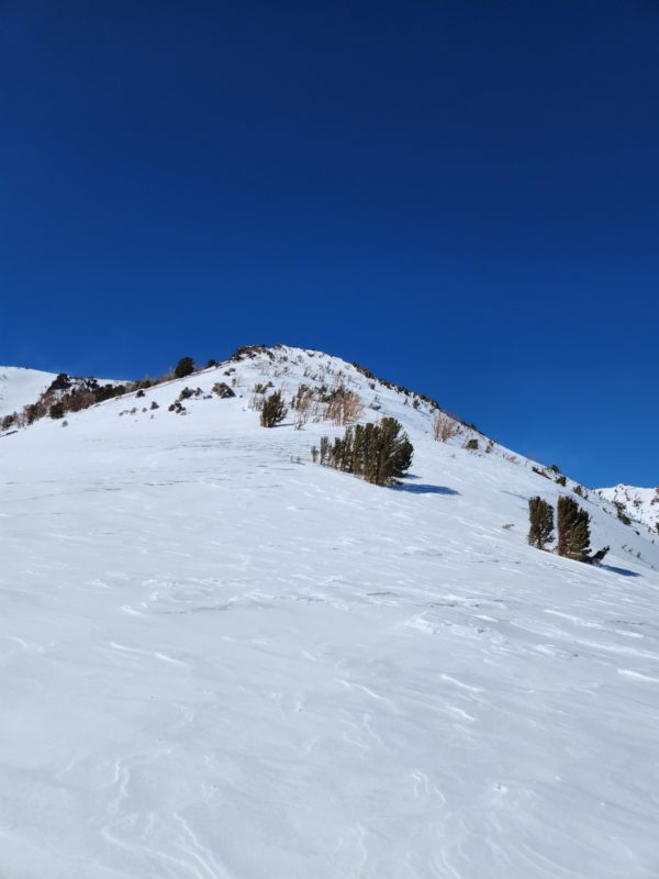 The scoured ridgeline we chose to ascend rather than risk going up steep, potentially wind-loaded terrain features