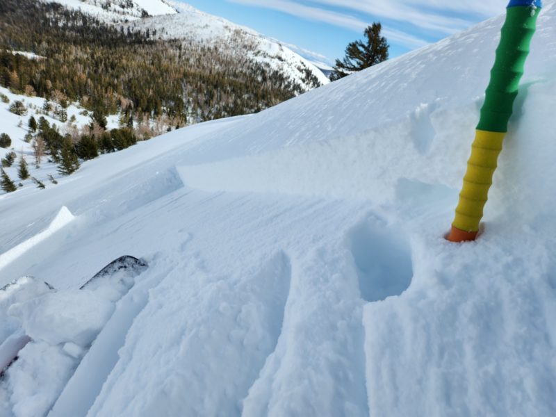 6 inch thick intentionally triggered wind slab on the convex sidewall of a gully at 9500 feet