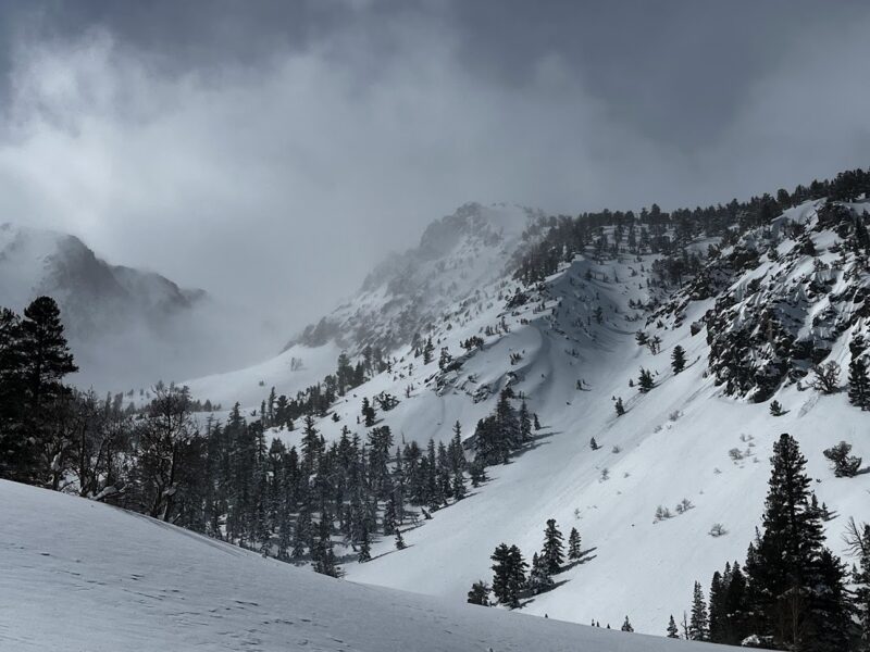 Scattered clouds over the June Mountain Backcountry. Blowing snow and snow showers increased throughout the day. Sun breaking through in the morning caused some loose avalanches around steep SE facing cliffs.