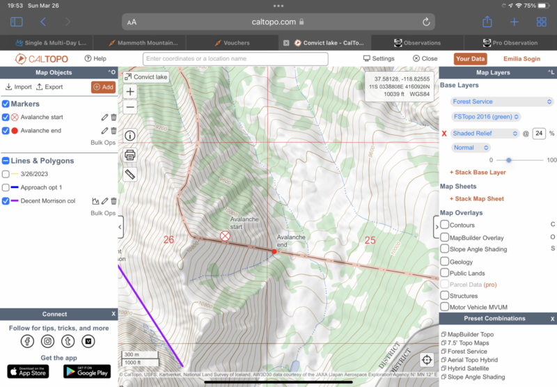 Avalanche track traced on cal topo