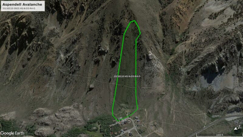 Map 1: The avalanche failed in a path just north of Jawbone Canyon.