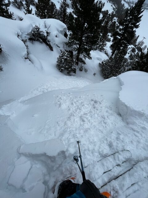 Storm slab trigger at 7,700 Ft. on a test slope in a terrain trap setting 