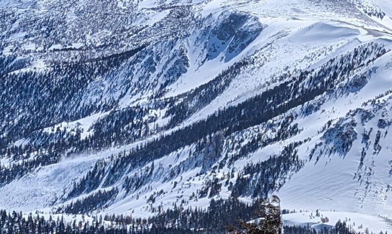 In-progress picture of the full track demsey's slide from chair 22. I think this shows the start zone of the full slide was skier's left. There seems to have been another later start zone skiers right. (12:14 pm)