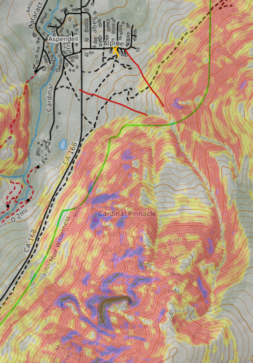 Marked in red lines is the possible runout from Jawbone. The yellow X indicates a home that was destroyed by an avalanche in 1986. Should a skier trigger an avalanche, the community below is also at risk.