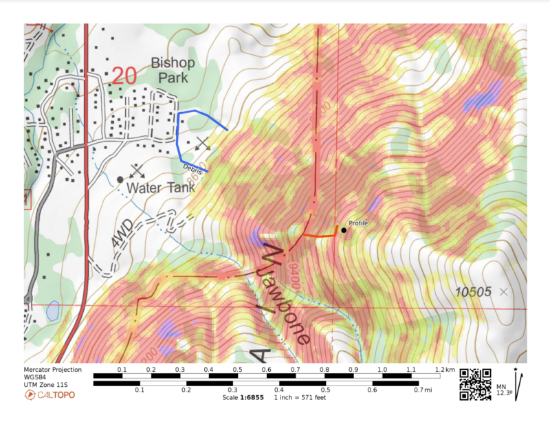 Map 2: The avalanche initiated at an elevation of 9,706’ on the wind-loaded edge of the slope.