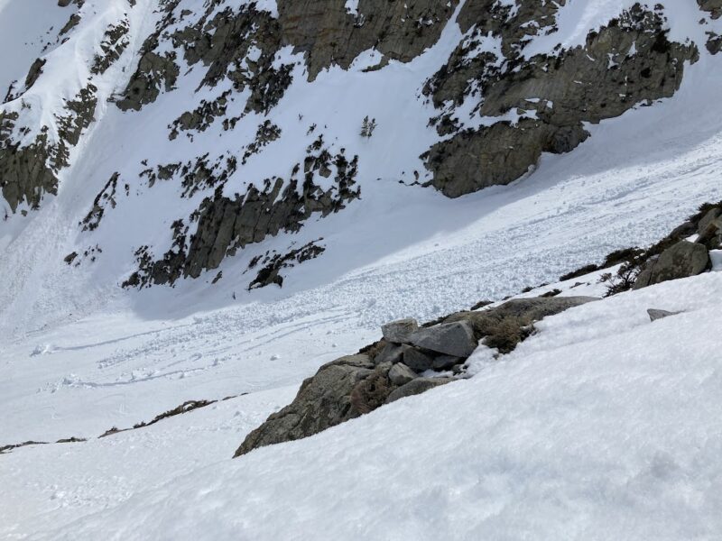 Recent wet loose avalanche activity in the gut of Scheelite Canyon ~ 10,500'. Multiple D 1 -15. avalanches occurred in the area over the past week. 4/27/23