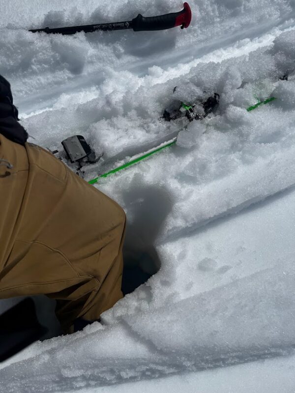Boot penetration above the knee at 9000' in a flat area at 2:30 PM. Upper snowpack saturated with melt water.