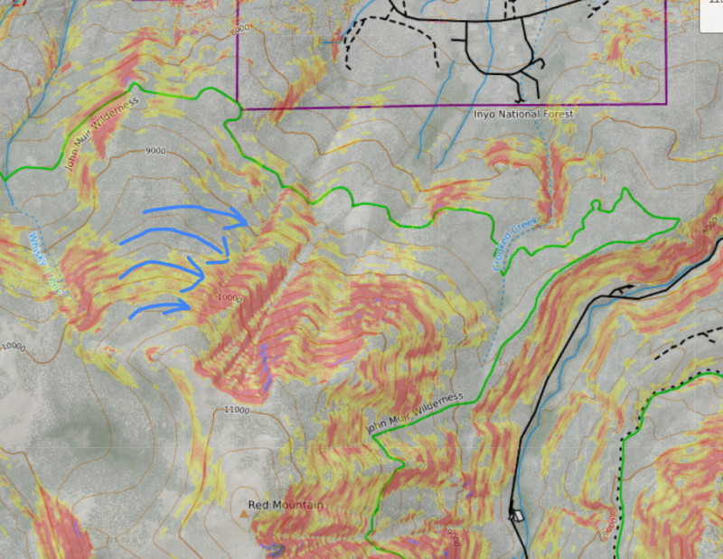 Red Mountain. Drawn in is the major wind transport.