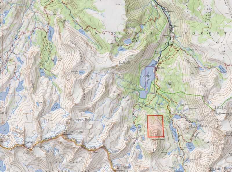 A map of Hurd Peak, and the South Lake area. The Accident site is marked by the red box
